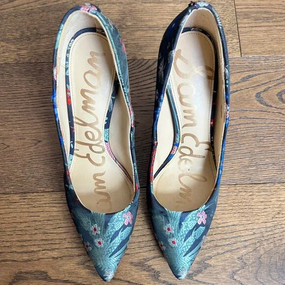 Sam Edelman Blue Floral Jacquard Heel Pumps | Size 6 Dress Shoes - Picture 3 of 8